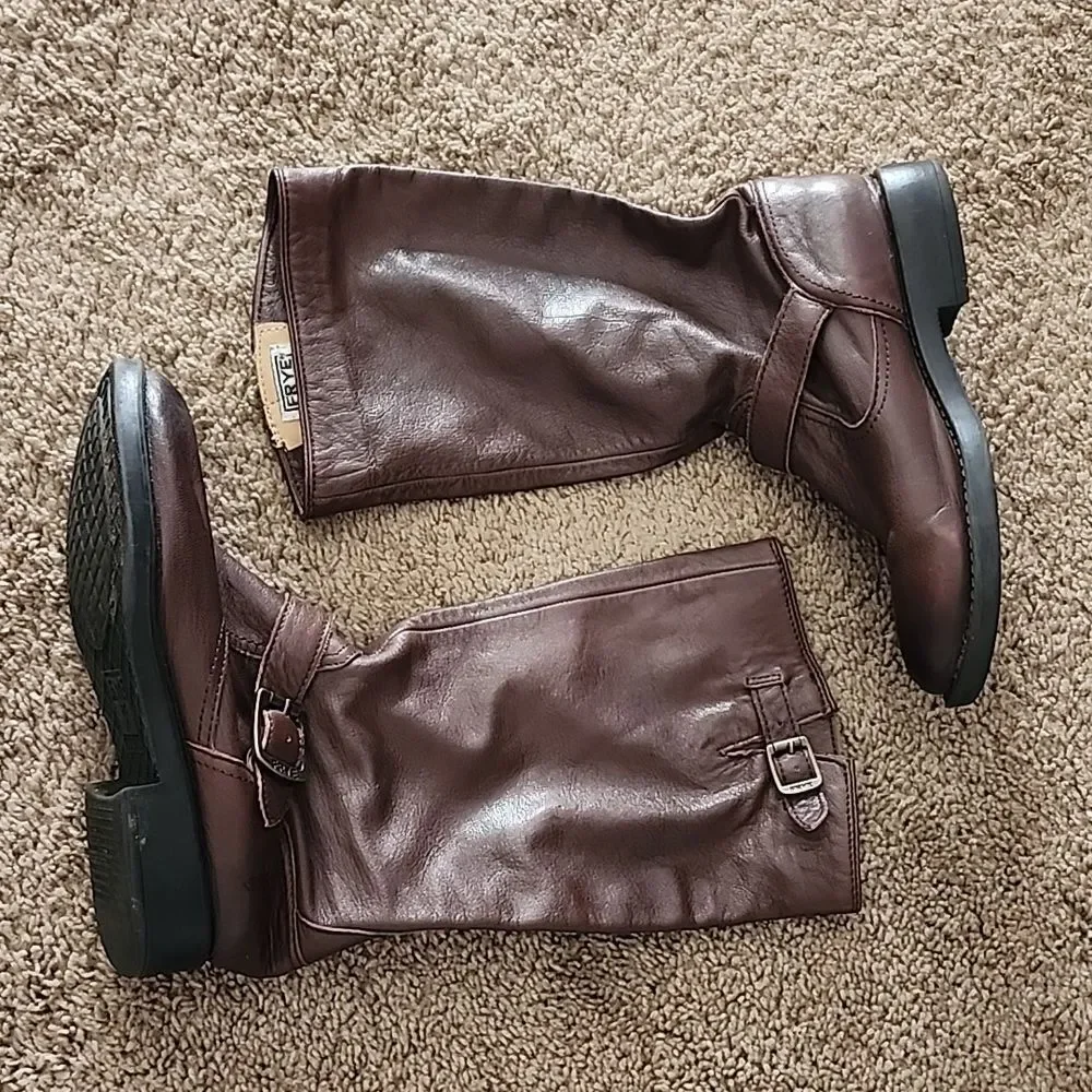 Frye boys 3 pull on leather buckle boots shoes mid calf closed toe heeled brown